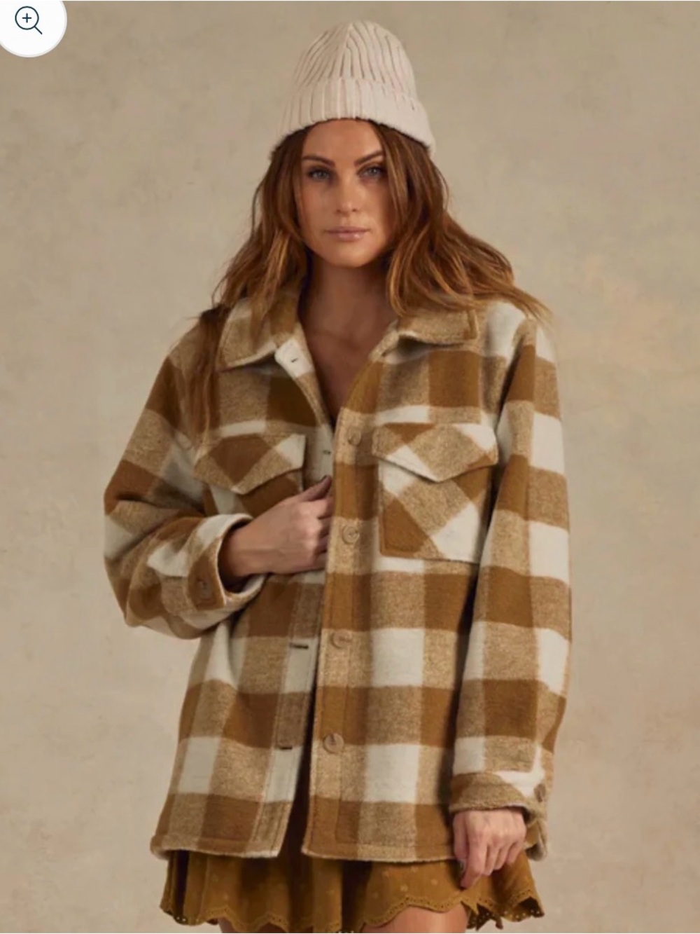 Rylee & Cru Shearling Chore Coat Plaid Shacket Jacket in Camel & Cream, Size L